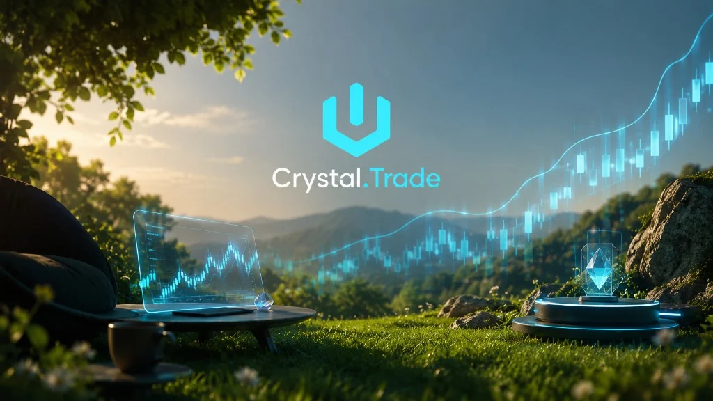 Crystal.Trade branding over an outdoor market-growth visualization, representing the platform's expansion toward private beta and long-term infrastructure integration.