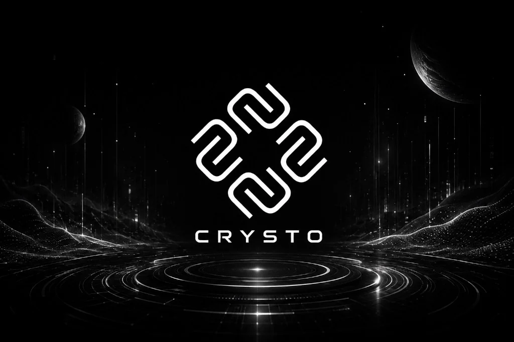 The CRYSTO logo above a futuristic monochrome network landscape, representing the public launch of the CRYSTO ecosystem.