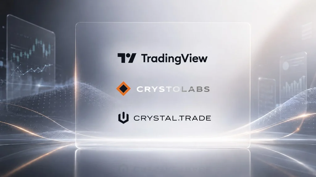 TradingView, CrystoLabs, and Crystal.Trade branding shown together inside a bright market interface, representing the charting partnership.