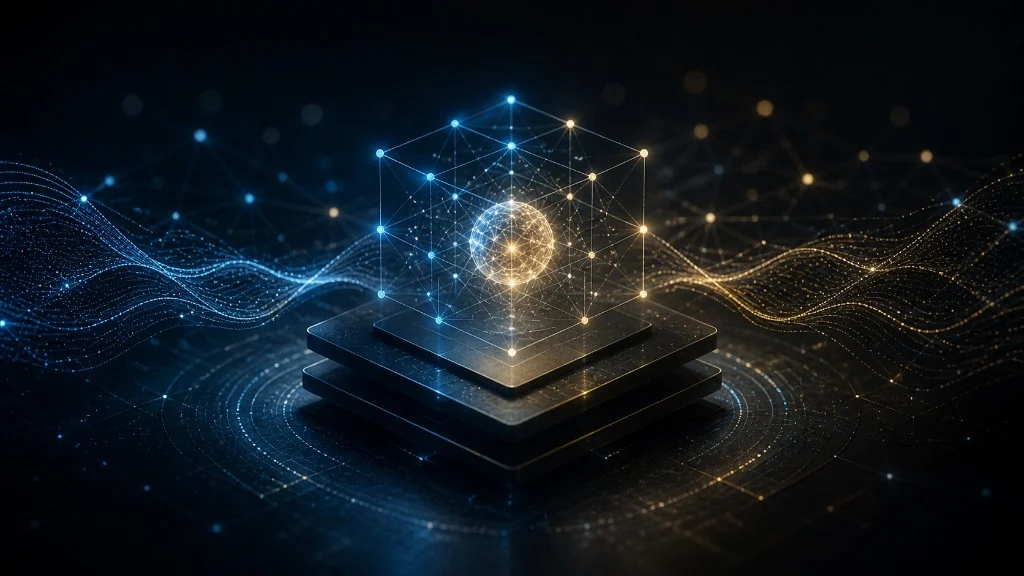 A luminous network cube over layered digital infrastructure, representing decentralized intelligence and coordinated AI systems.