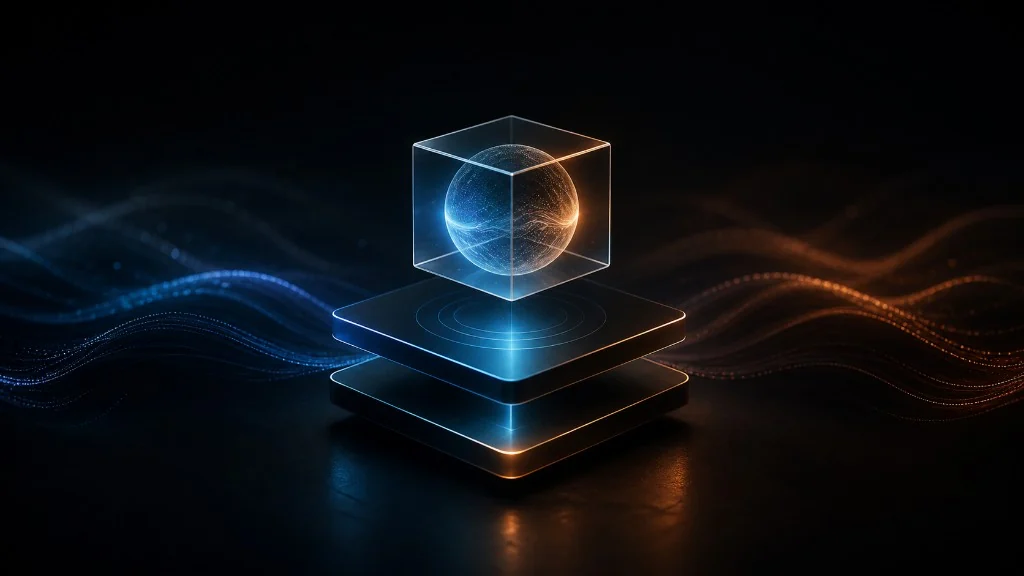 A luminous abstract cube containing a digital sphere above layered infrastructure, representing self-operating software architecture.
