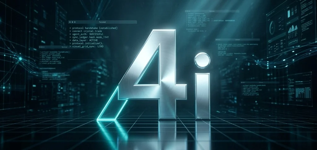 A human interface and AI agent interface connected by a Web for Intelligence network, representing agent-native internet infrastructure.