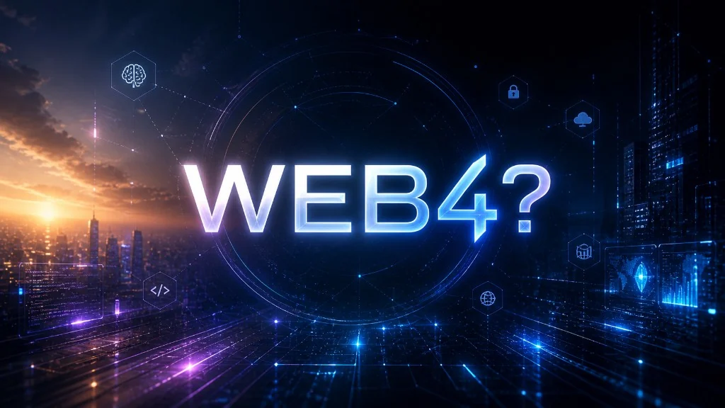 A luminous Web4 title over a futuristic city and digital network, representing the shift toward agent-operated internet infrastructure.